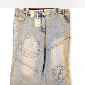 DAVI & DANI Busy Bee 🐝 Light Blue Wide Leg Jeans with Peace Sign ☮️